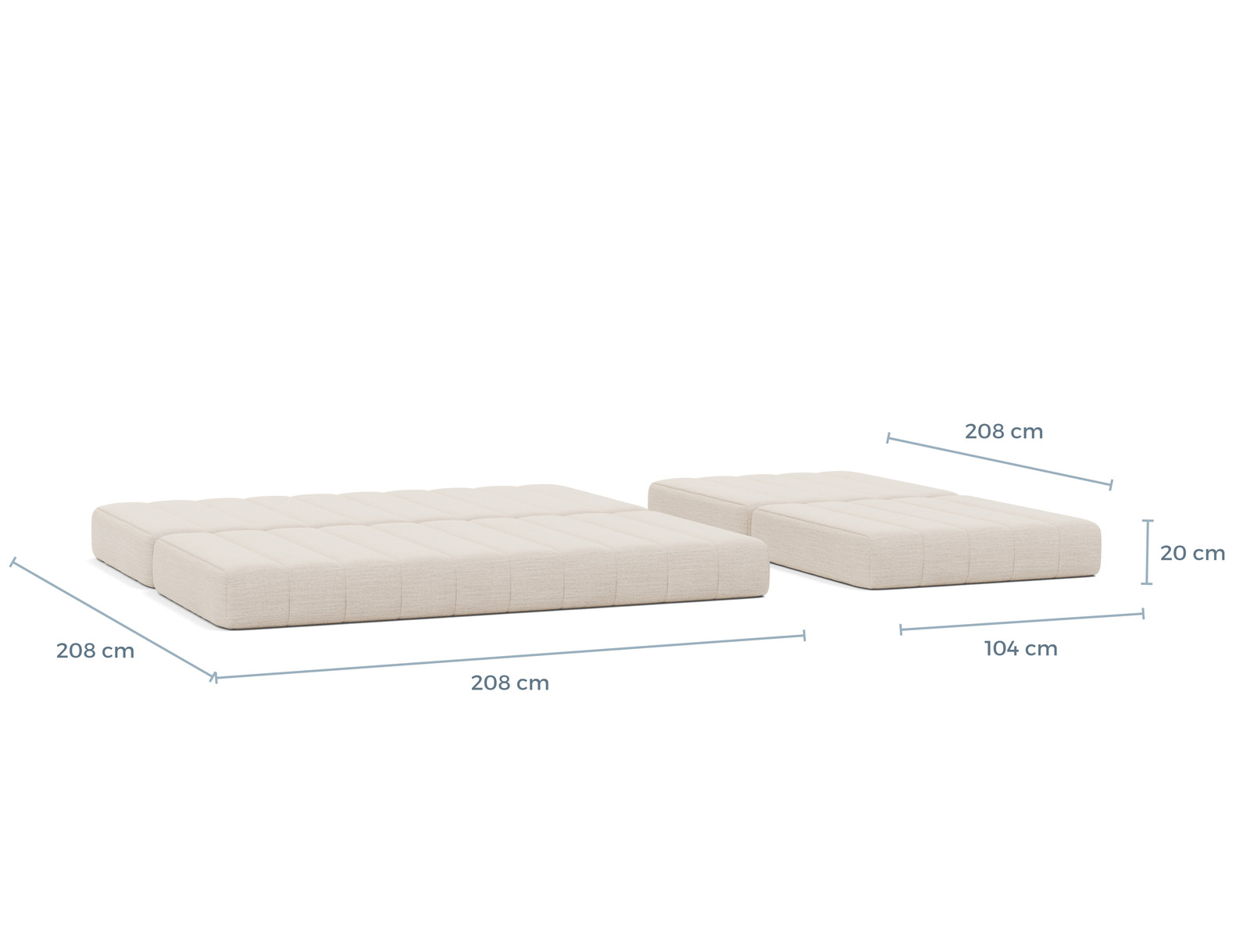 Schéma coté du couchage du CozyPad Grand Innovation Living, 208 x 208 cm et 104 x 208 cm