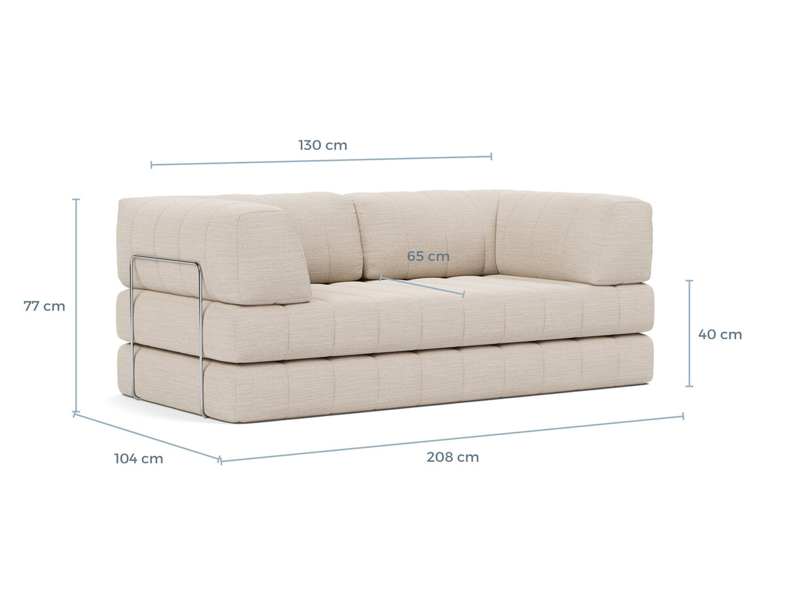 Schéma coté du CozyPad Innovation Living en 208 cm, 208 x 104 x 77 cm, assise 65 x 40 cm