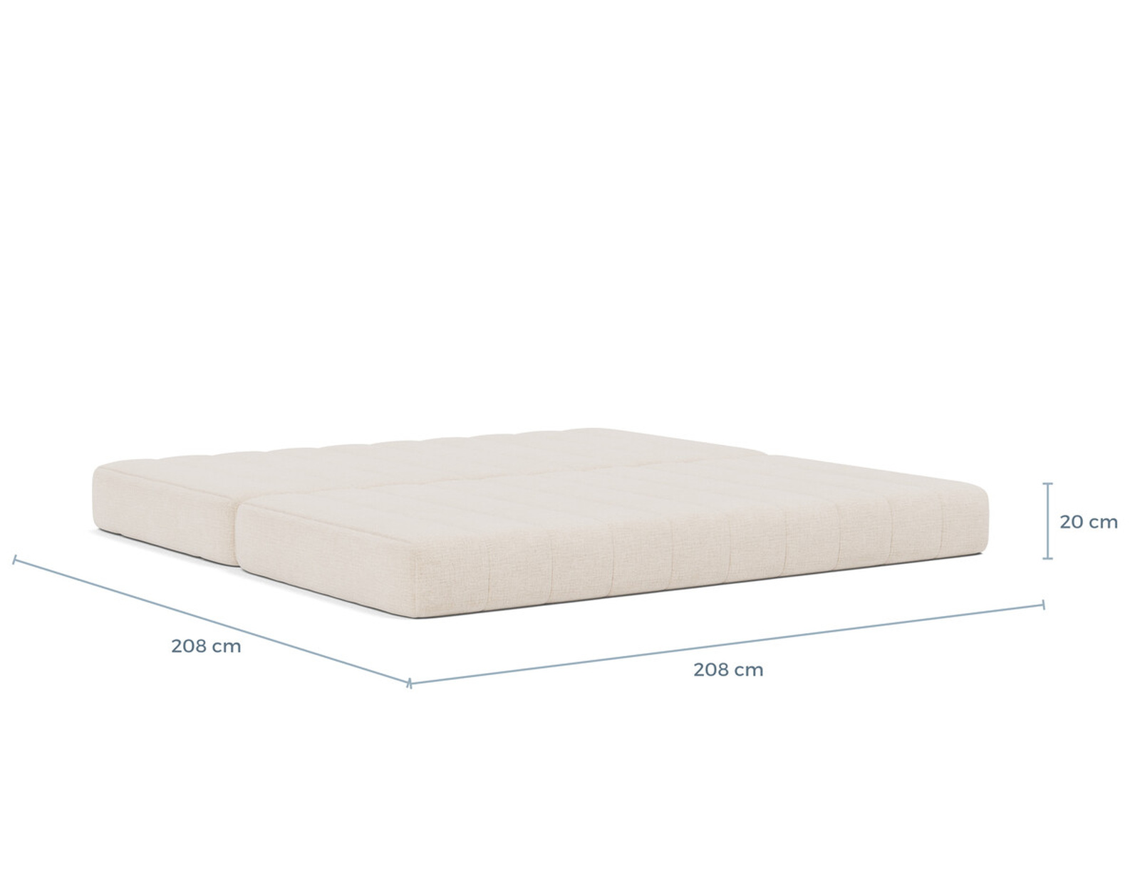 Schéma coté du couchage du CozyPad Innovation Living, 208 x 208 cm sur 20 cm d'épaisseur