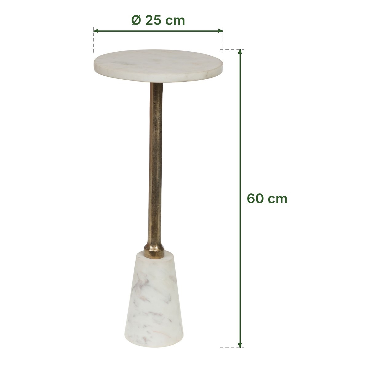 Bout de canapé Clyde en marbre blanc d'Amadeus et ses dimensions : plateau de 25 cm, 60 cm de haut