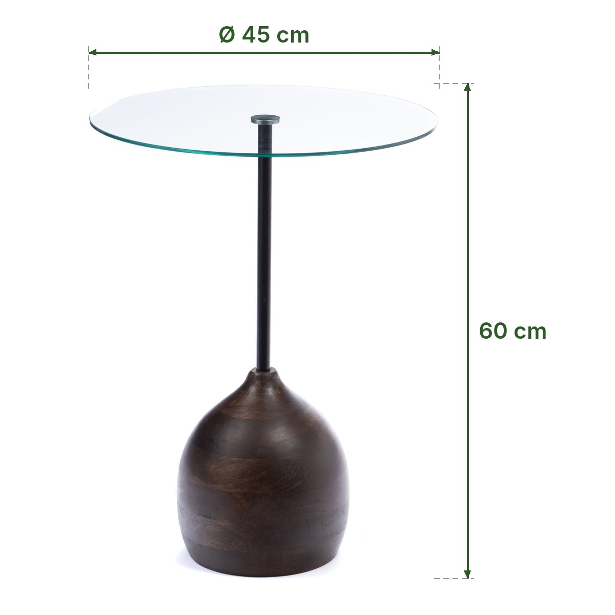 Bout de canapé Porto en verre et manguier d'Amadeus et ses dimensions : plateau de 45 cm, 60 cm de haut