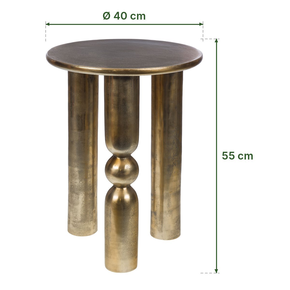 Bout de canapé Totem en aluminium doré d'Amadeus et ses dimensions : plateau de 40 cm, 55 cm de haut