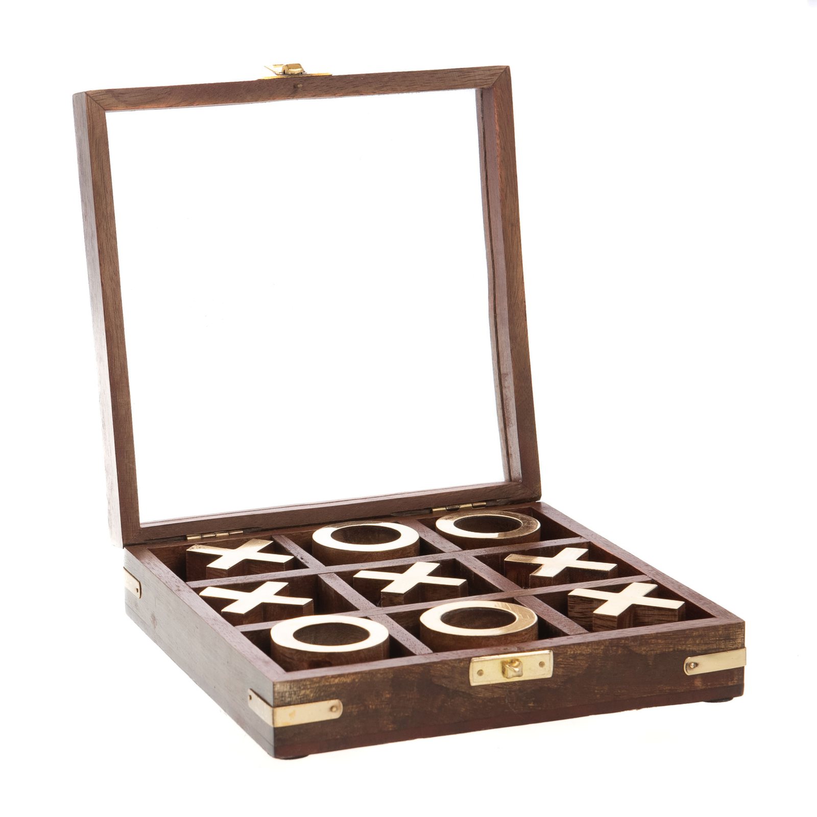 Jeu de morpion Tic Tac Toe en bois d'Amadeus, coffret ouvert avec pions X et O dorés
