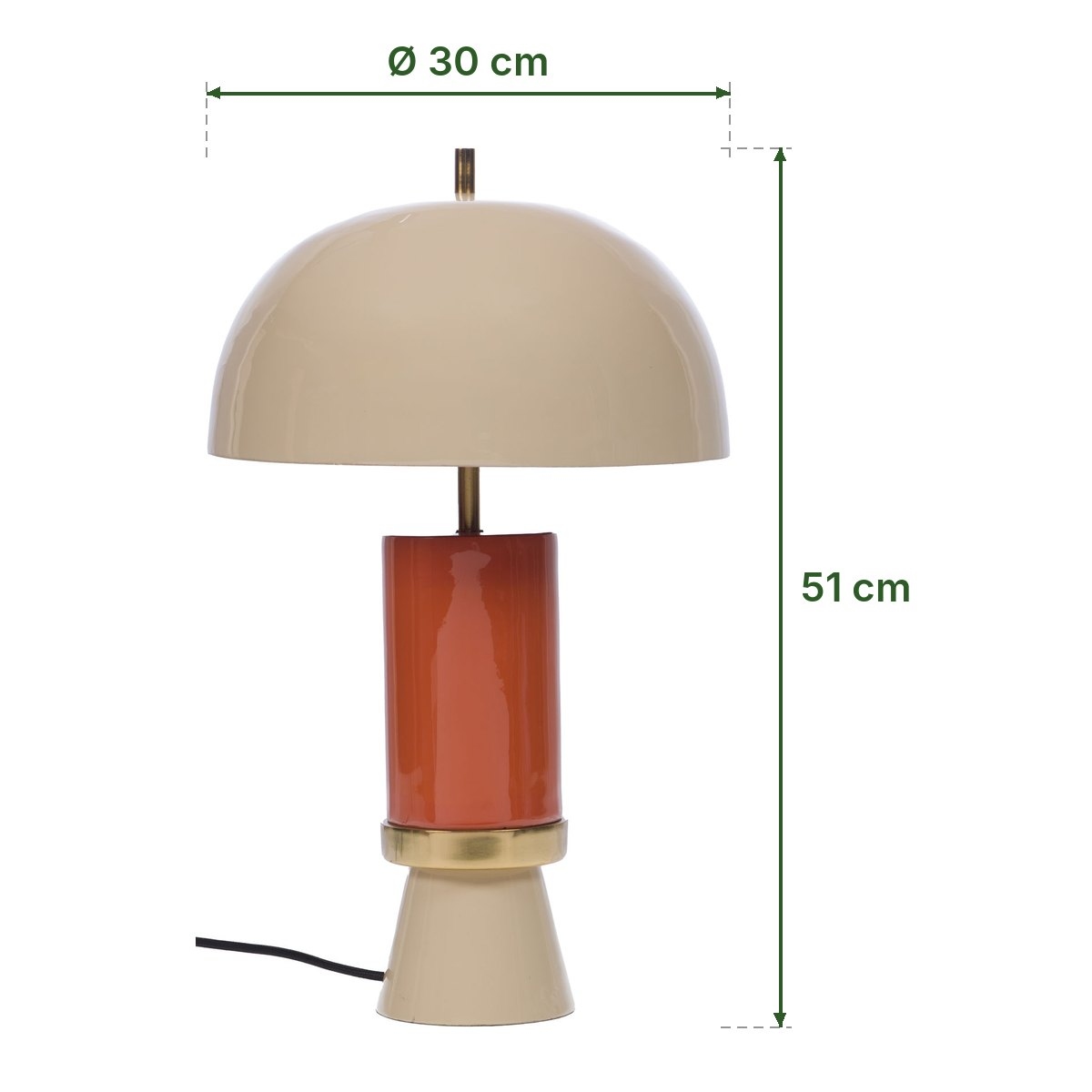 Lampe à poser Vintage crème d'Amadeus et ses dimensions : 51 cm de haut, dôme de 30 cm de diamètre