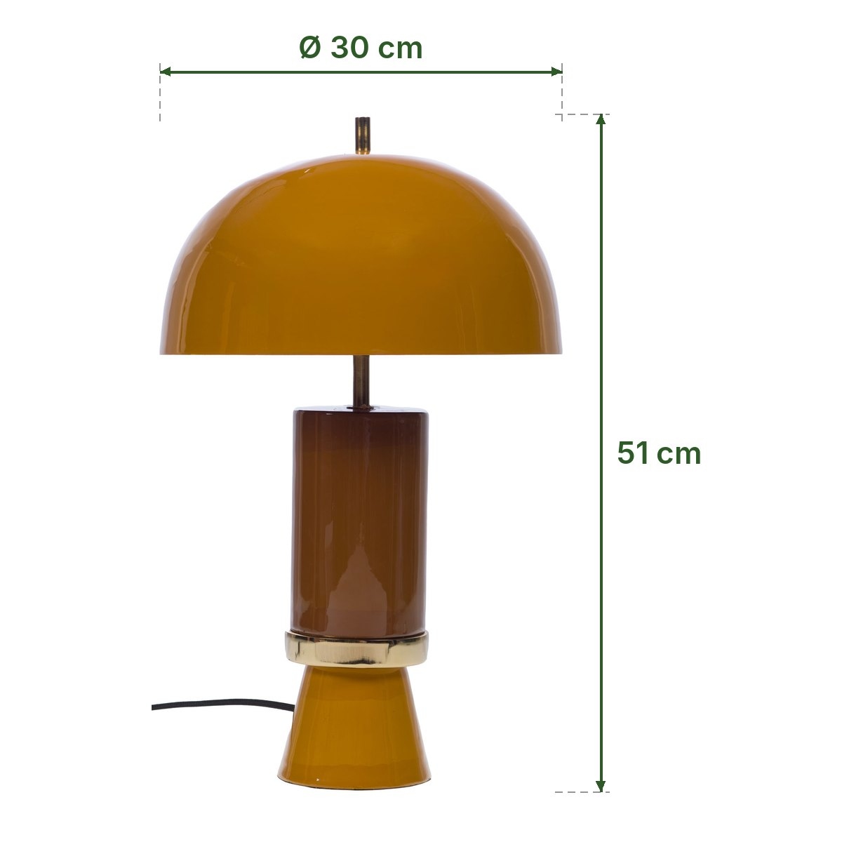 Lampe à poser Vintage jaune d'Amadeus et ses dimensions : 51 cm de haut, dôme de 30 cm de diamètre