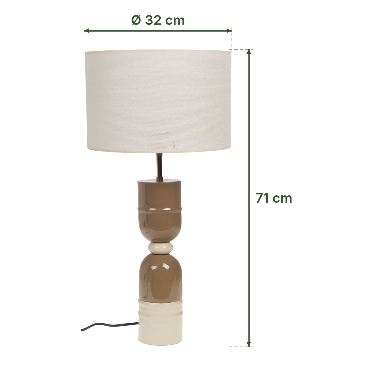 Lampe Miles taupe à abat-jour en jute d'Amadeus et ses dimensions : 71 cm de haut, abat-jour de 32 cm de diamètre