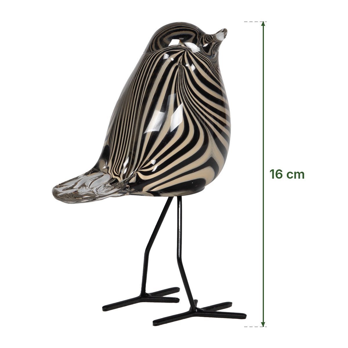 Oiseau Ori sur pied en verre rayé noir et blanc d'Amadeus, 16 cm de haut