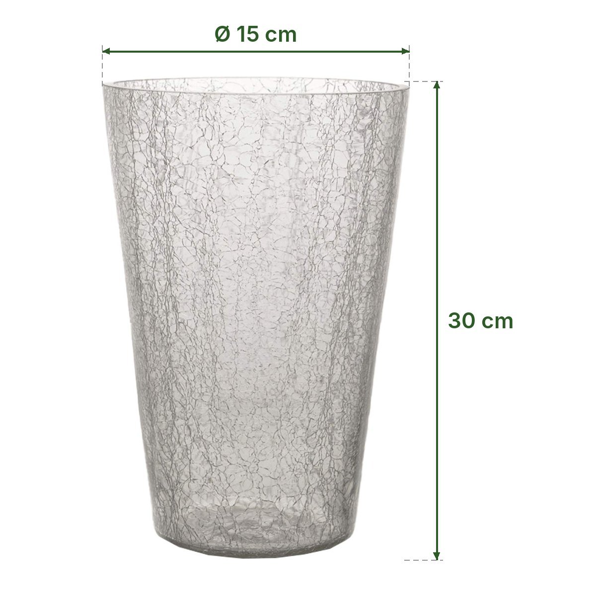 Vase conique en verre craquelé transparent d'Amadeus et ses dimensions : 30 cm de haut, 15 cm de diamètre