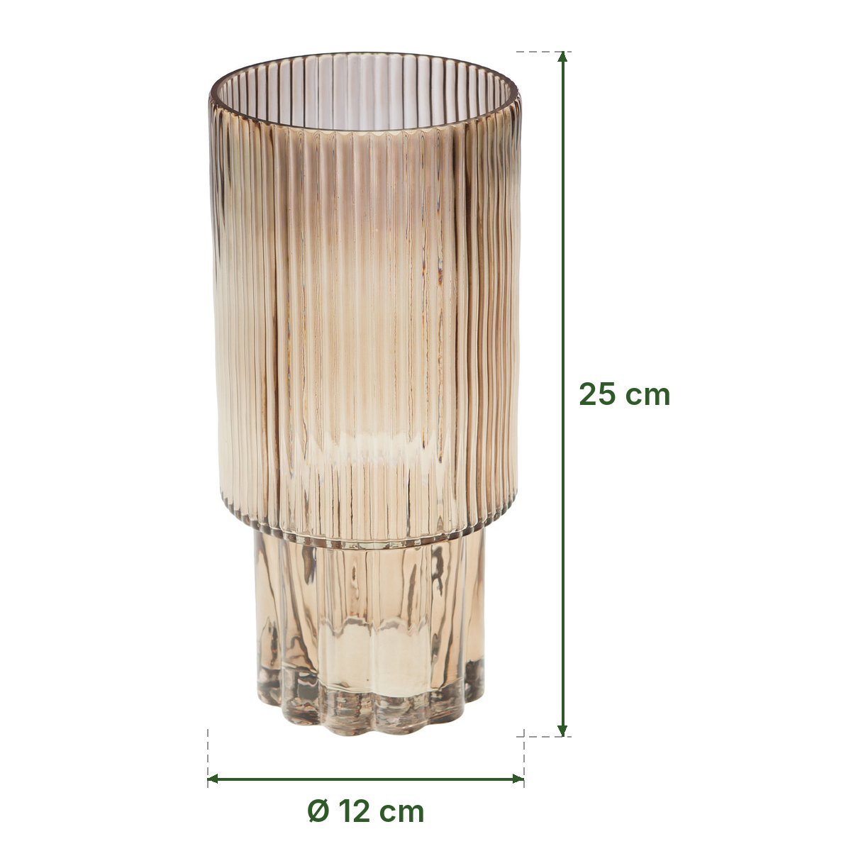 Vase Elia en verre strié ambré d'Amadeus et ses dimensions : 25 cm de haut, 12 cm de diamètre