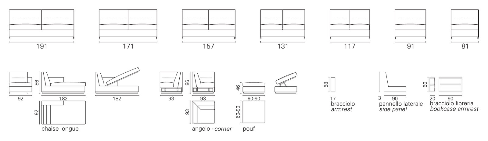 Plans BK des éléments du BK 101 : éléments à un accoudoir de 191 à 81 cm, méridienne, angle, pouf et accoudoirs
