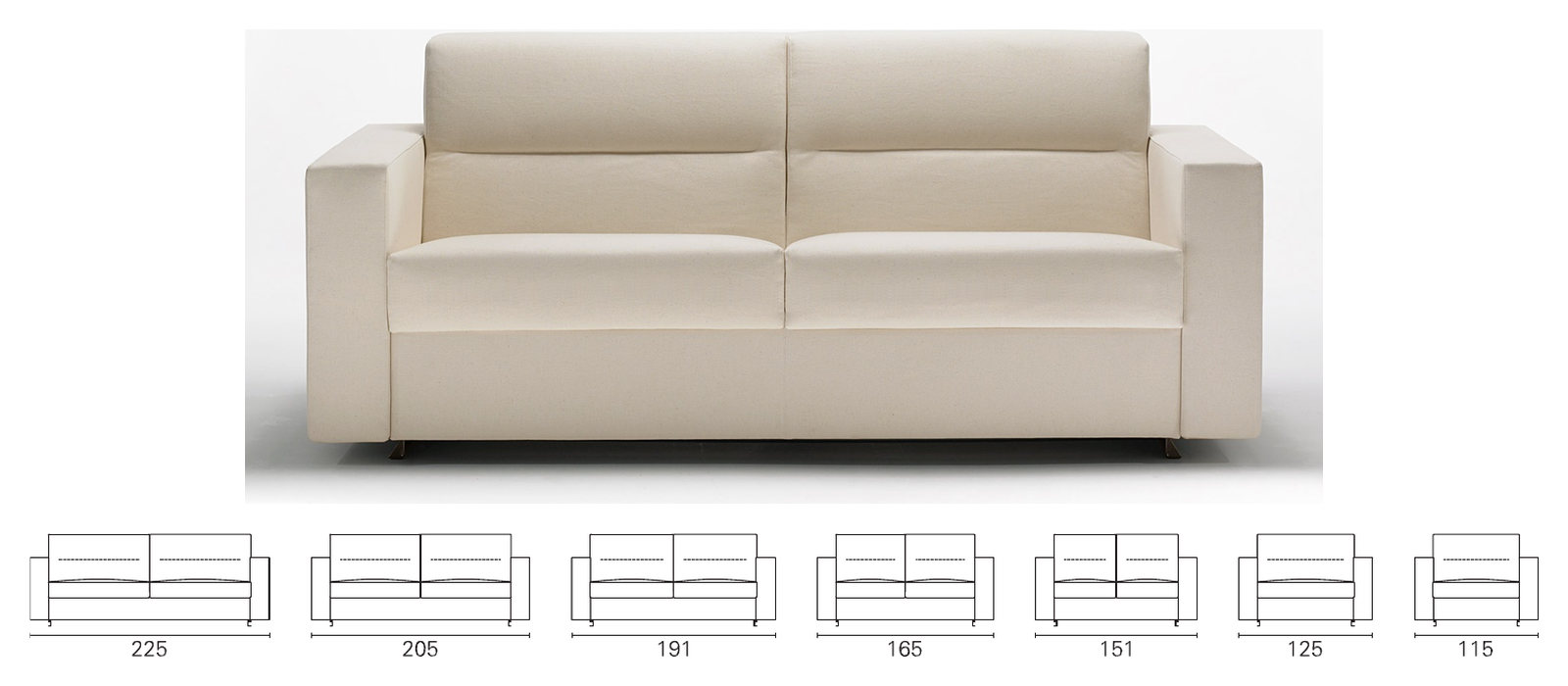 Plans cotés BK des sept largeurs du canapé convertible BK 101, de 225 à 115 cm