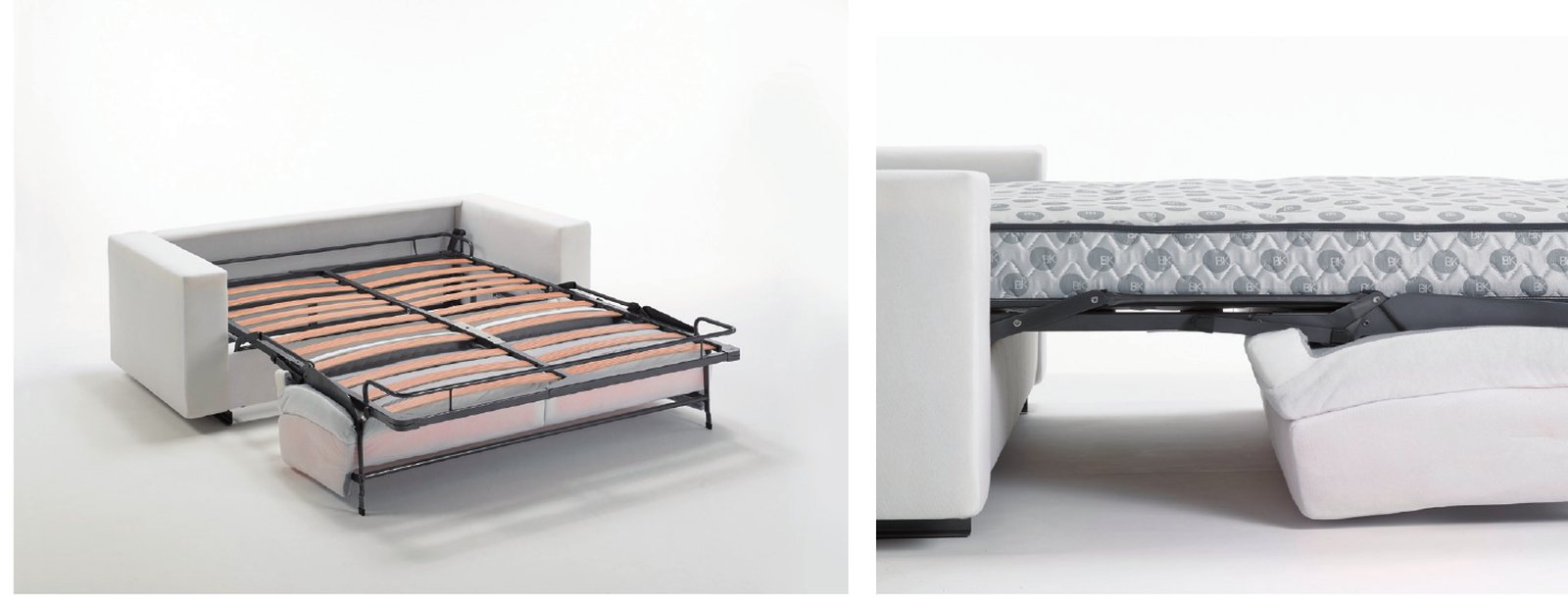 Sommier à lattes du mécanisme Cube BK déplié, et détail du matelas sur le sommier