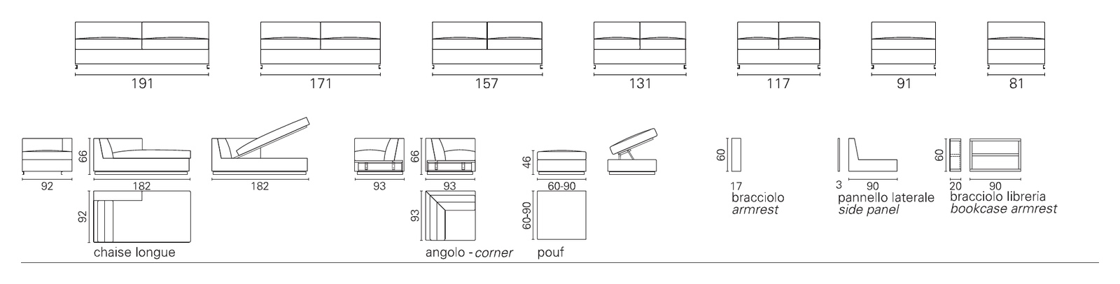 Plans BK des éléments du BK 103 : éléments à un accoudoir de 191 à 81 cm, méridienne, angle, pouf et accoudoirs