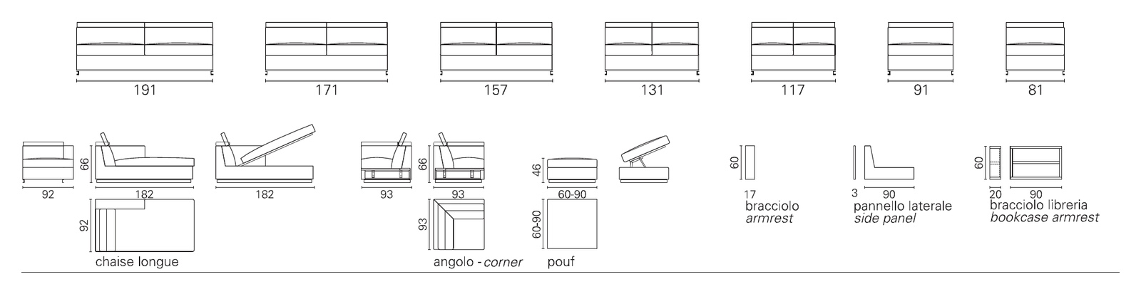 Plans BK des éléments du BK 103 dossier inclinable : éléments à un accoudoir de 191 à 81 cm, méridienne, angle, pouf et accoudoirs