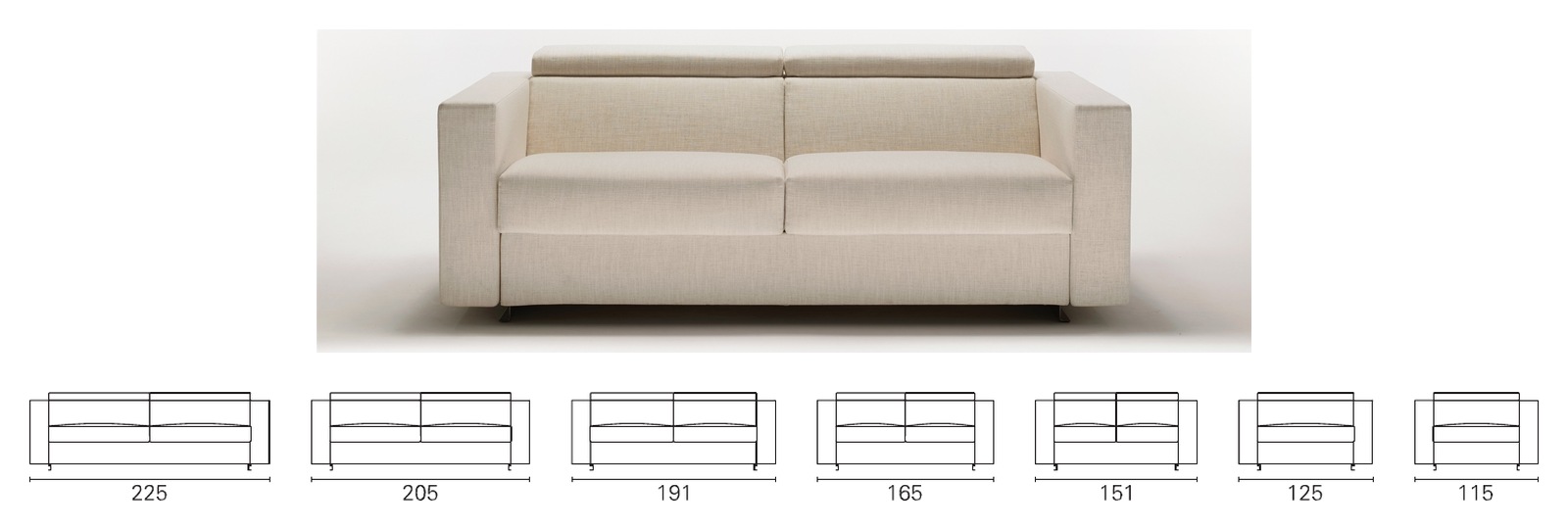 Plans cotés BK des sept largeurs du BK 103 dossier inclinable, de 225 à 115 cm