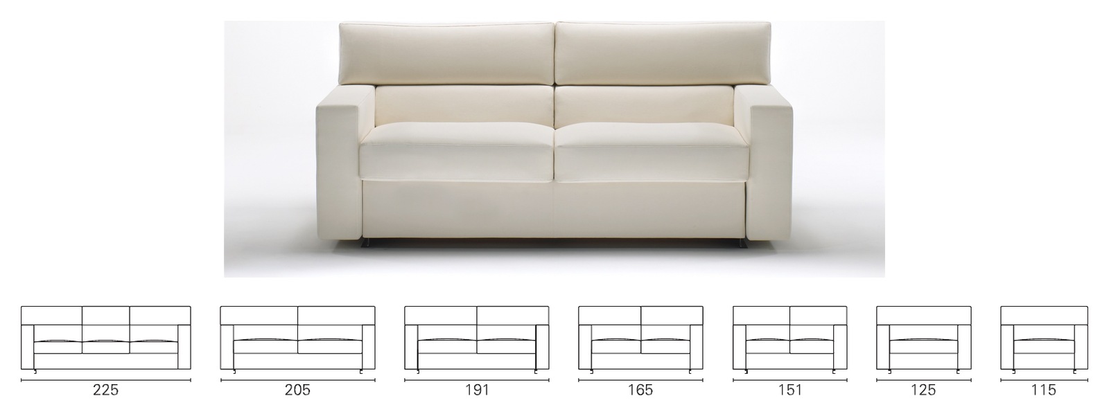 Plans cotés BK des sept largeurs du BK 104, de 225 à 115 cm