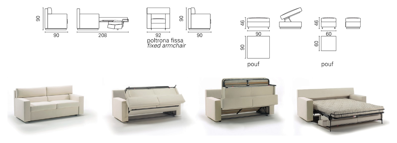 Plans cotés BK du BK 104 de profil fermé et ouvert, fauteuil fixe et pouf, et séquence d'ouverture