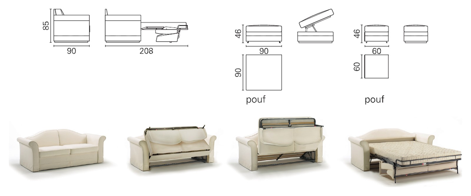 Plans cotés BK du BK 105 de profil fermé et ouvert, poufs, et séquence d'ouverture