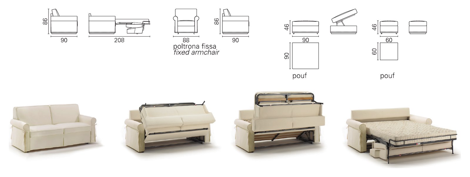 Plans cotés BK du BK 106 de profil fermé et ouvert, fauteuil fixe et poufs, et séquence d'ouverture