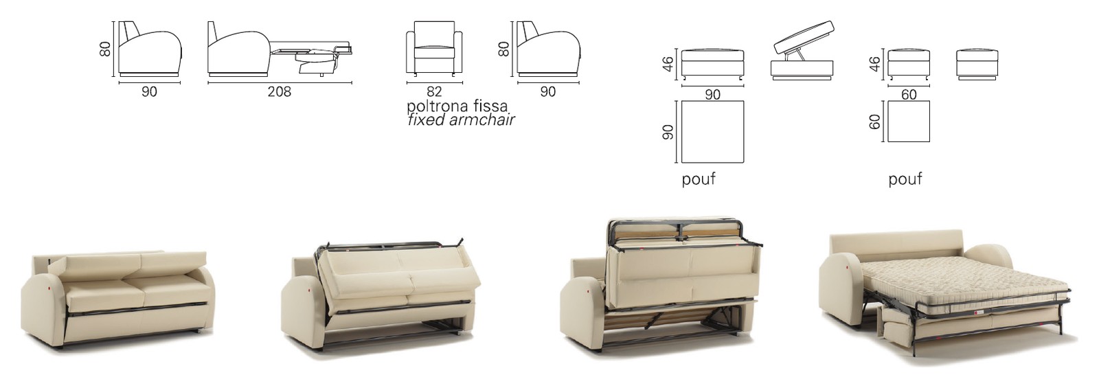 Plans cotés BK du BK 107 de profil fermé et ouvert, fauteuil fixe et poufs, et séquence d'ouverture