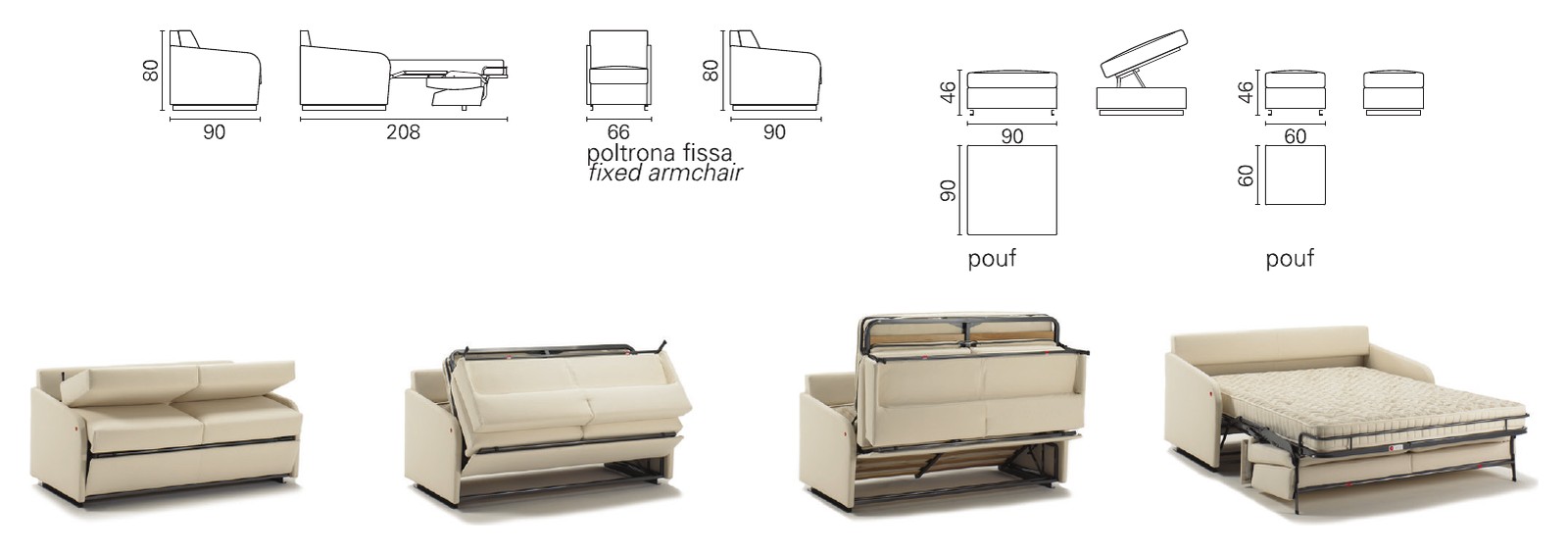 Plans cotés BK du BK 108 de profil fermé et ouvert, fauteuil fixe et poufs, et séquence d'ouverture