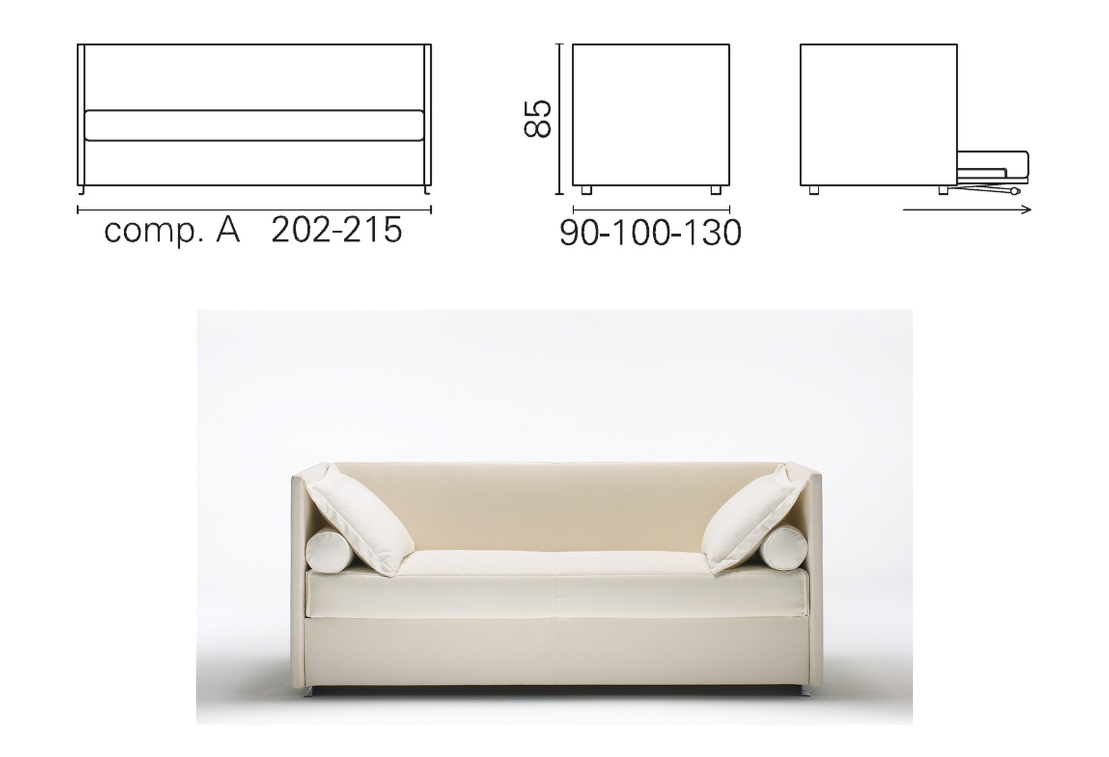 Plan coté et photo du canapé BK 113 composition A, deux accoudoirs, avec dossier, 85 cm