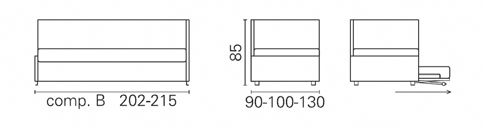 Plan coté BK du canapé BK 113 composition B, un accoudoir, avec dossier, 85 cm