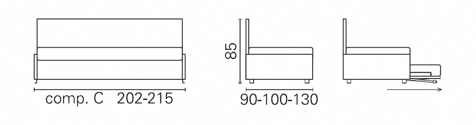 Plan coté BK du canapé BK 113 composition C, sans accoudoirs, avec dossier, 85 cm