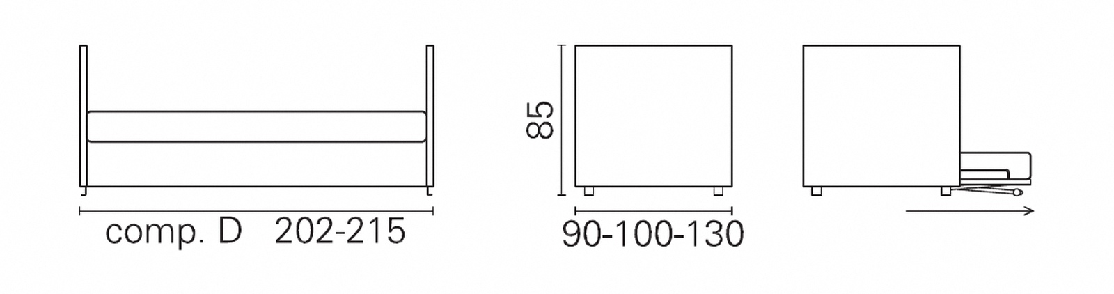 Plan coté BK du canapé BK 113 composition D, deux accoudoirs, sans dossier, 85 cm