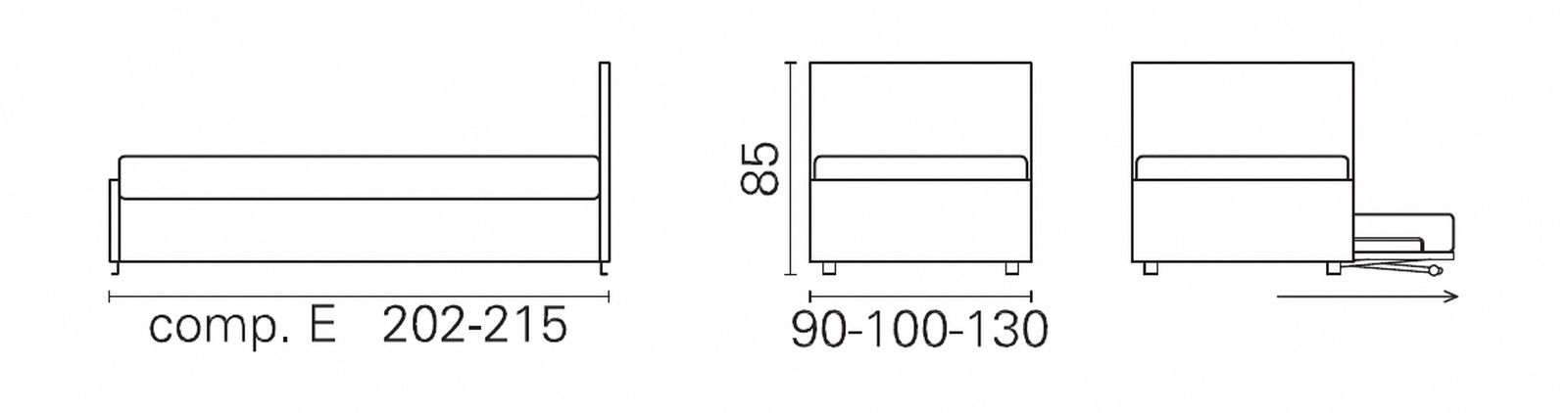 Plan coté BK du canapé BK 113 composition E, un accoudoir, sans dossier, 85 cm