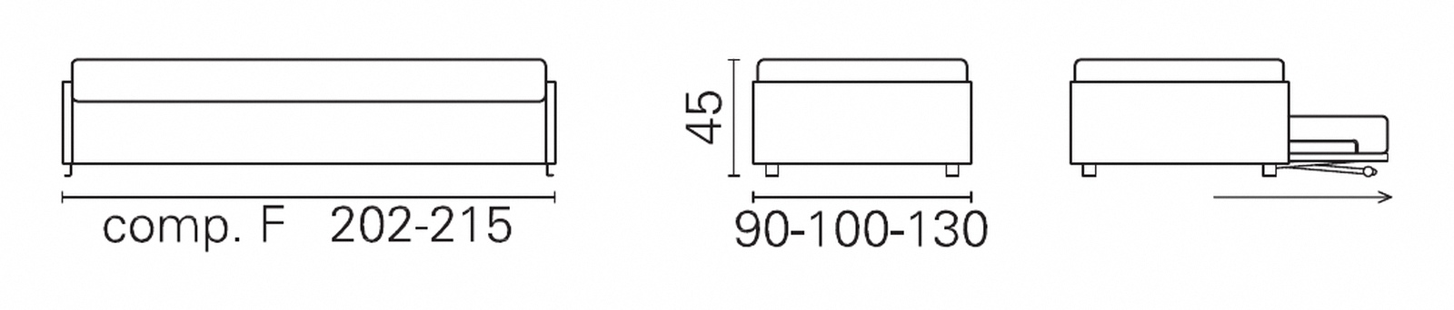 Plan coté BK du canapé BK 113 composition F, ni accoudoirs ni dossier, 45 cm