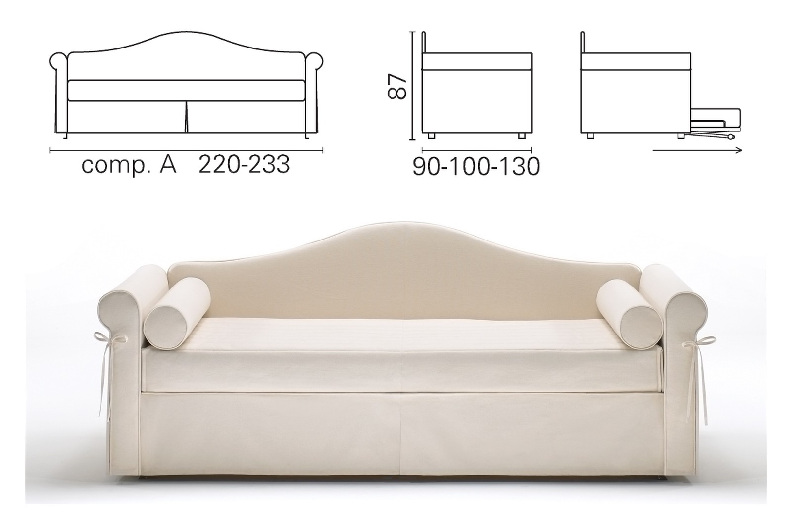 Plan coté et photo de la banquette BK 114 composition A, deux accoudoirs roulés, dossier galbé, 87 cm