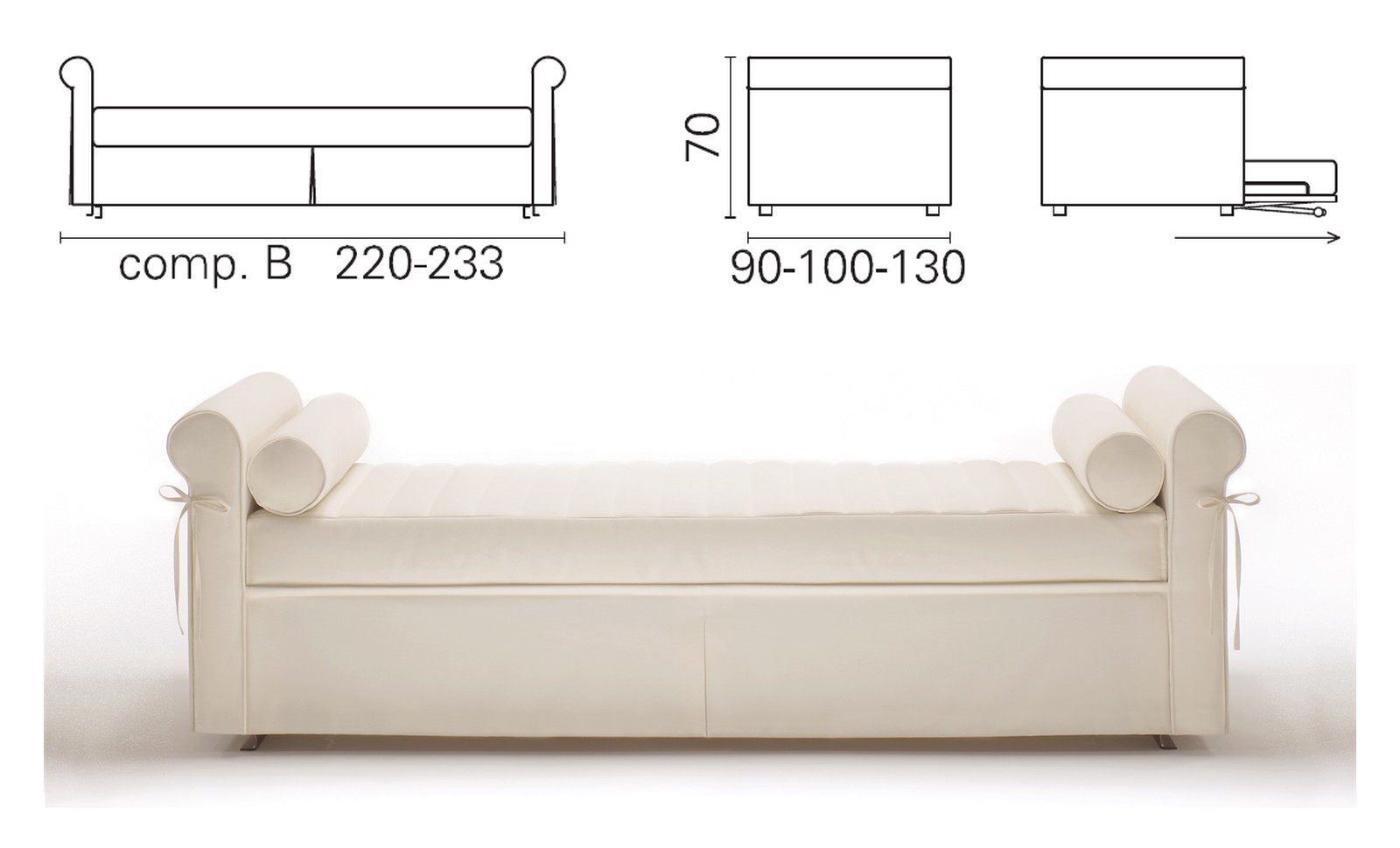 Plan coté et photo de la banquette BK 114 composition B, deux accoudoirs roulés, sans dossier, 70 cm