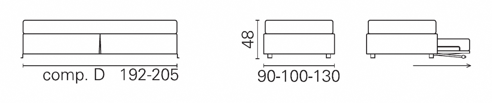 Plan coté BK de la banquette BK 114 composition D, ni accoudoirs ni dossier, 48 cm