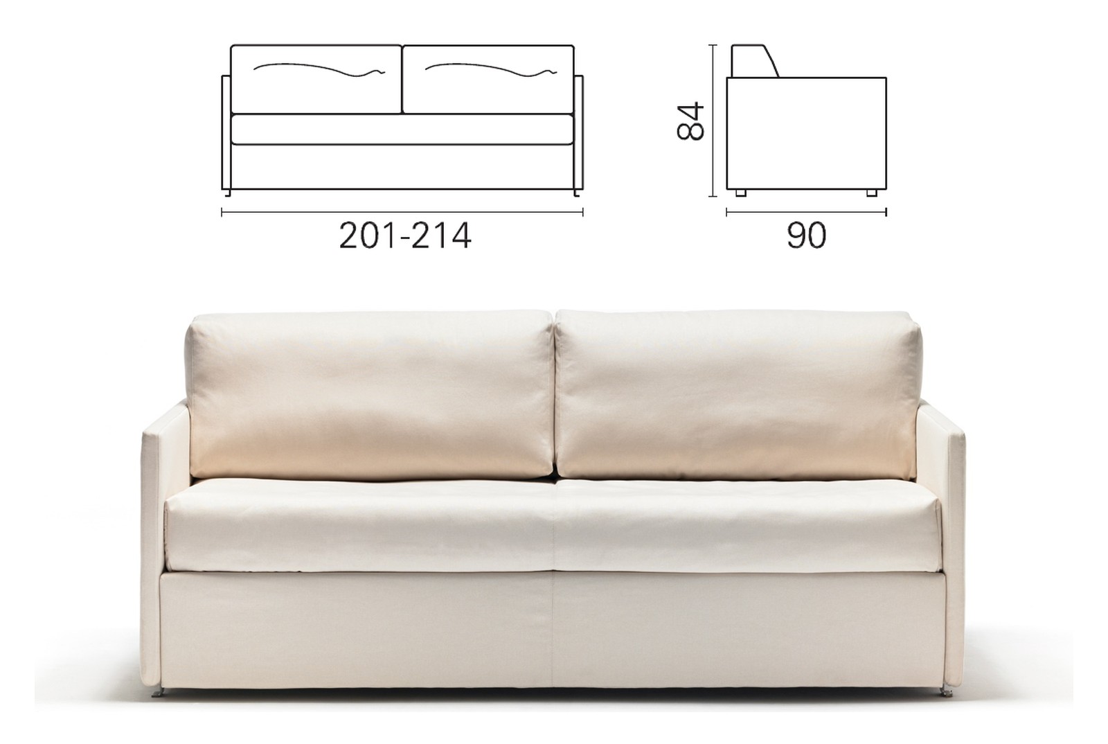 Plan coté et photo du canapé BK 115 : 201 ou 214 cm de long, 84 cm de haut