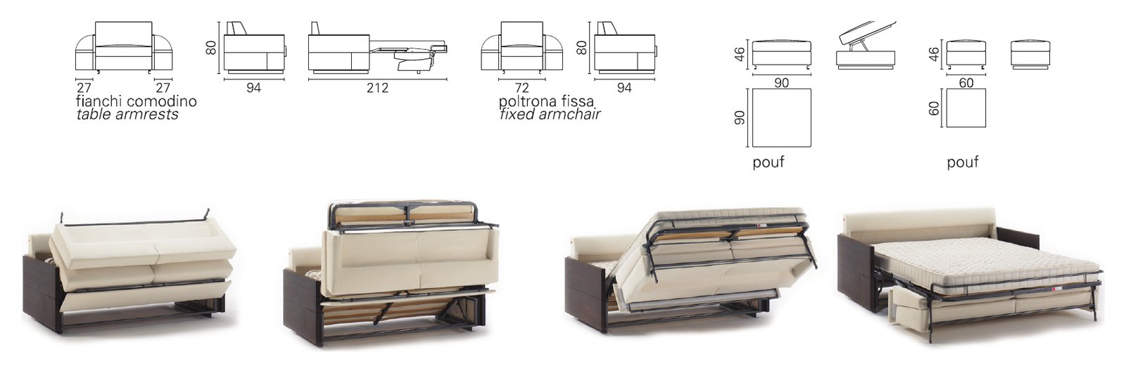 Plans cotés BK du BK 119 de profil fermé et ouvert, fauteuil fixe et poufs, et séquence d'ouverture