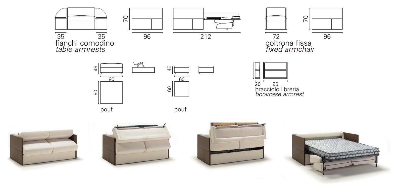 Plans cotés BK du BK 119 B de profil fermé et ouvert, fauteuil fixe, poufs et accoudoir bibliothèque, et séquence d'ouverture