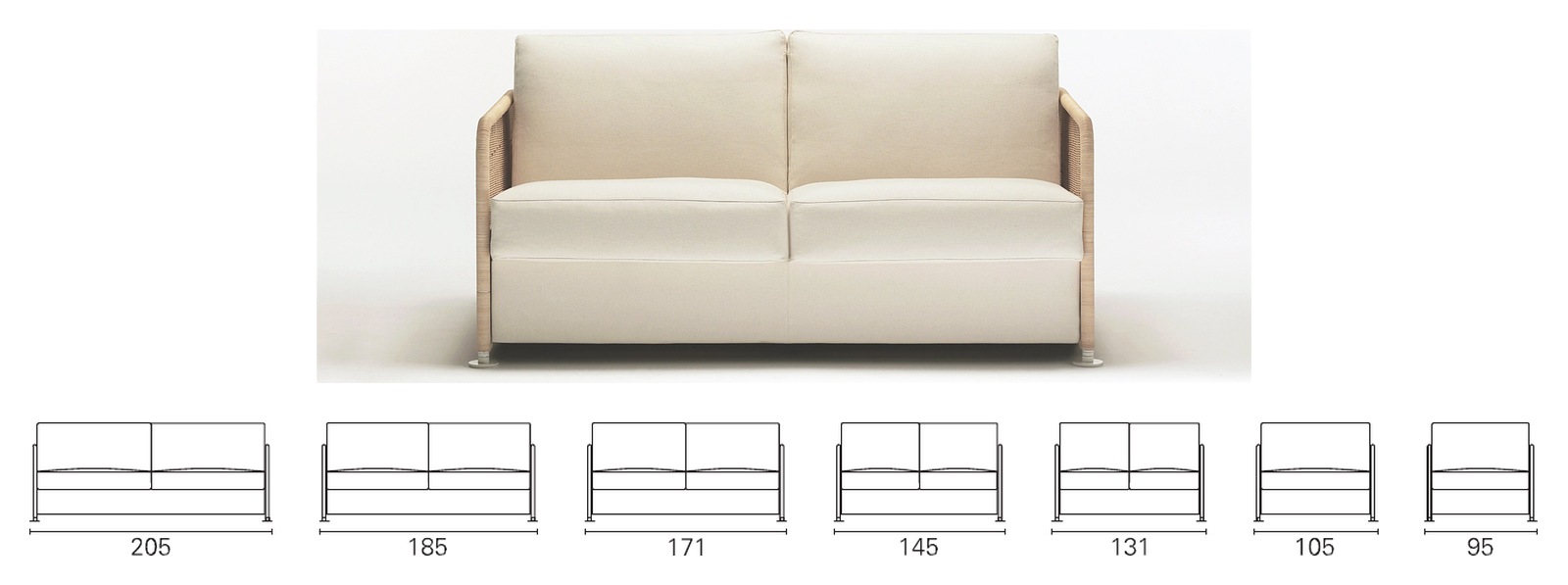 Plans cotés BK des sept largeurs du BK 123 Cesta, de 205 à 95 cm