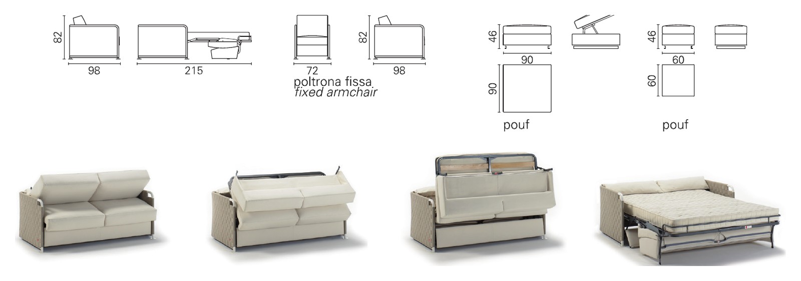 Plans cotés BK du BK 123 Cesta de profil fermé et ouvert, fauteuil fixe et poufs, et séquence d'ouverture