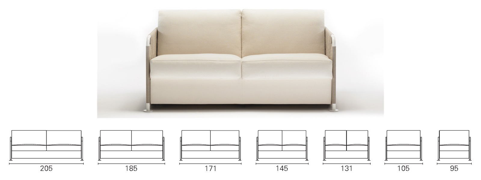Plans cotés BK des sept largeurs du BK 123 Nastro, de 205 à 95 cm