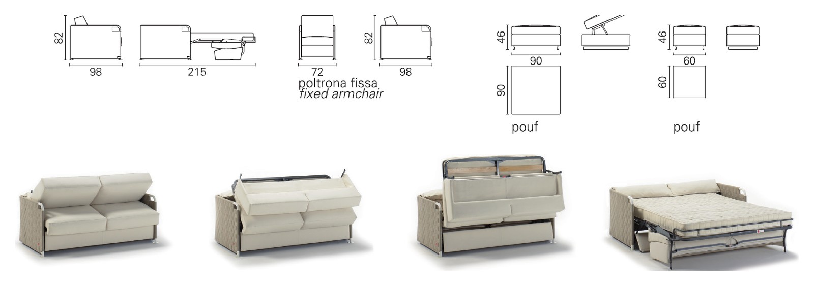 Plans cotés BK du BK 123 Nastro de profil fermé et ouvert, fauteuil fixe et poufs, et séquence d'ouverture