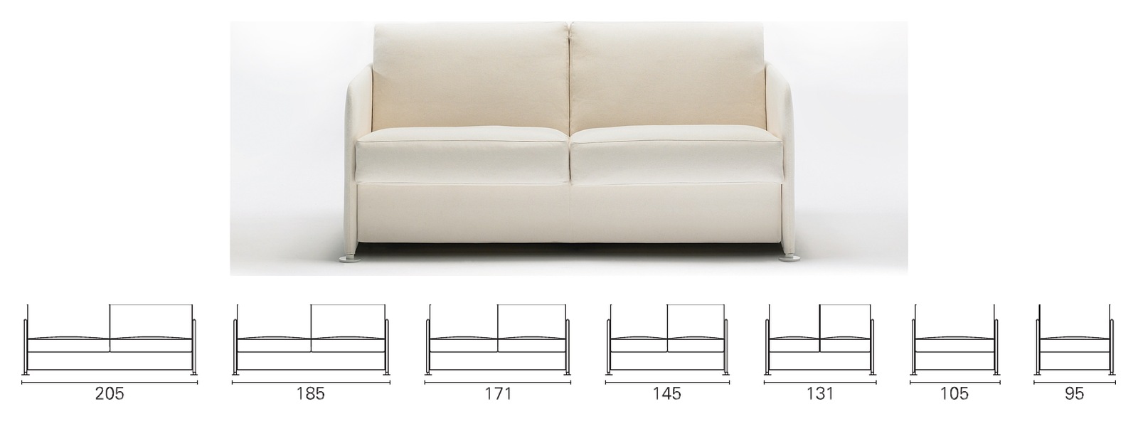 Plans cotés BK des sept largeurs du BK 123 Tessuto, de 205 à 95 cm