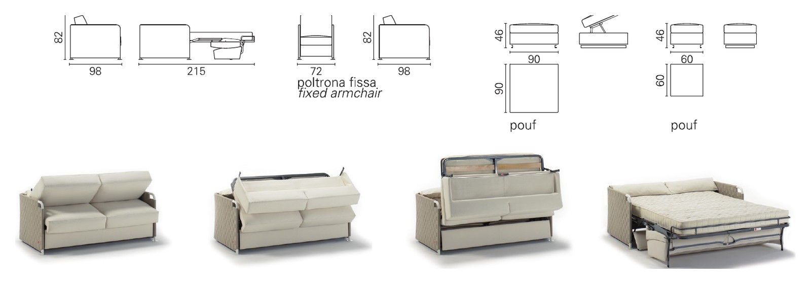 Plans cotés BK du BK 123 Tessuto de profil fermé et ouvert, fauteuil fixe et poufs, et séquence d'ouverture
