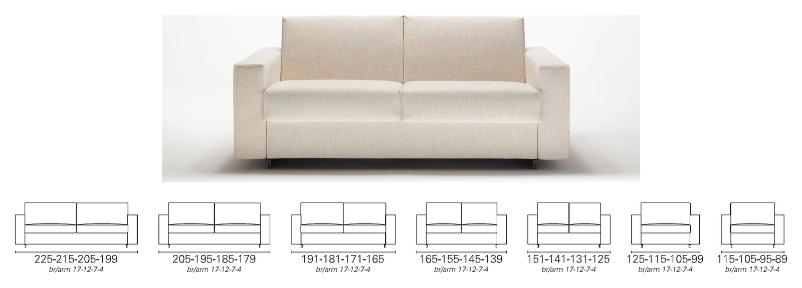 Plans cotés BK des sept largeurs du BK 126, de 225 à 115 cm