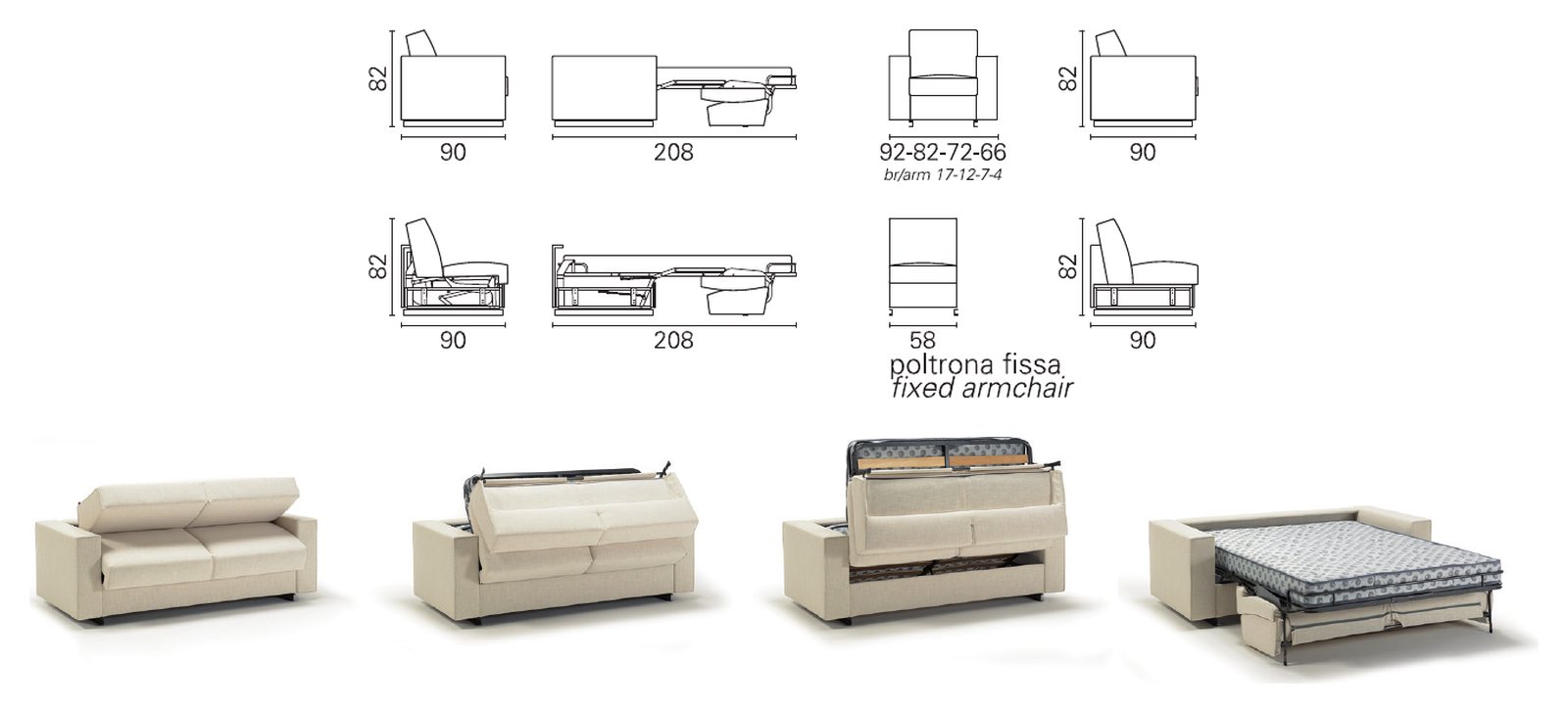Plans cotés BK du BK 126 de profil fermé et ouvert, fauteuil fixe, et séquence d'ouverture