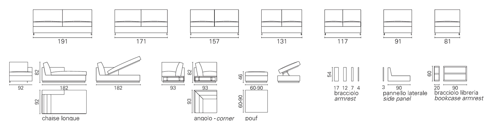 Plans BK des éléments du BK 126 Special : éléments à un accoudoir de 191 à 81 cm, méridienne, angle, pouf et accoudoirs