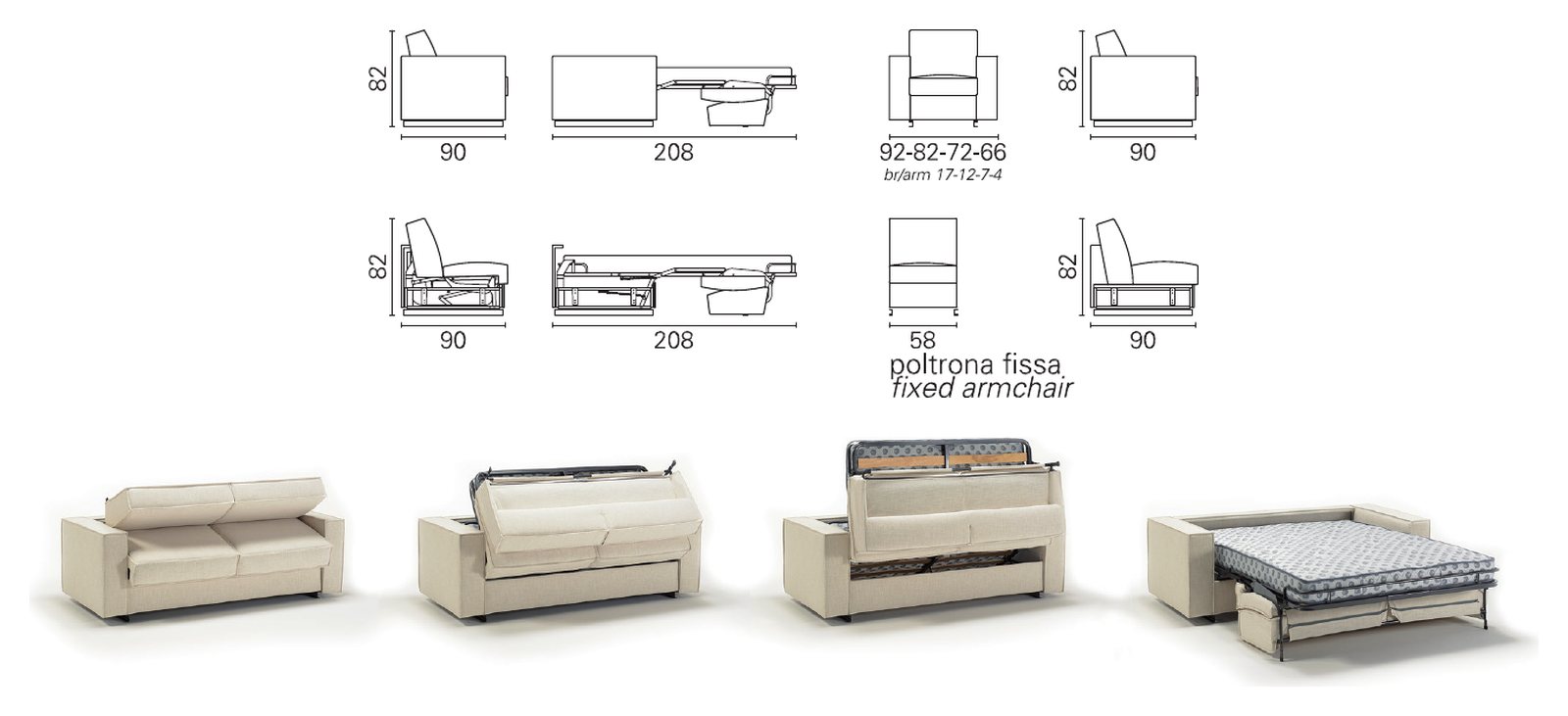Plans cotés BK du BK 126 Special de profil fermé et ouvert, fauteuil fixe, et séquence d'ouverture