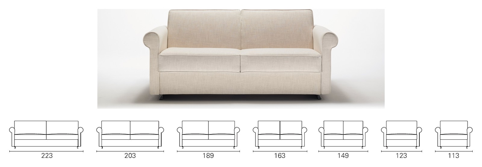 Plans cotés BK des sept largeurs du BK 127, de 223 à 113 cm