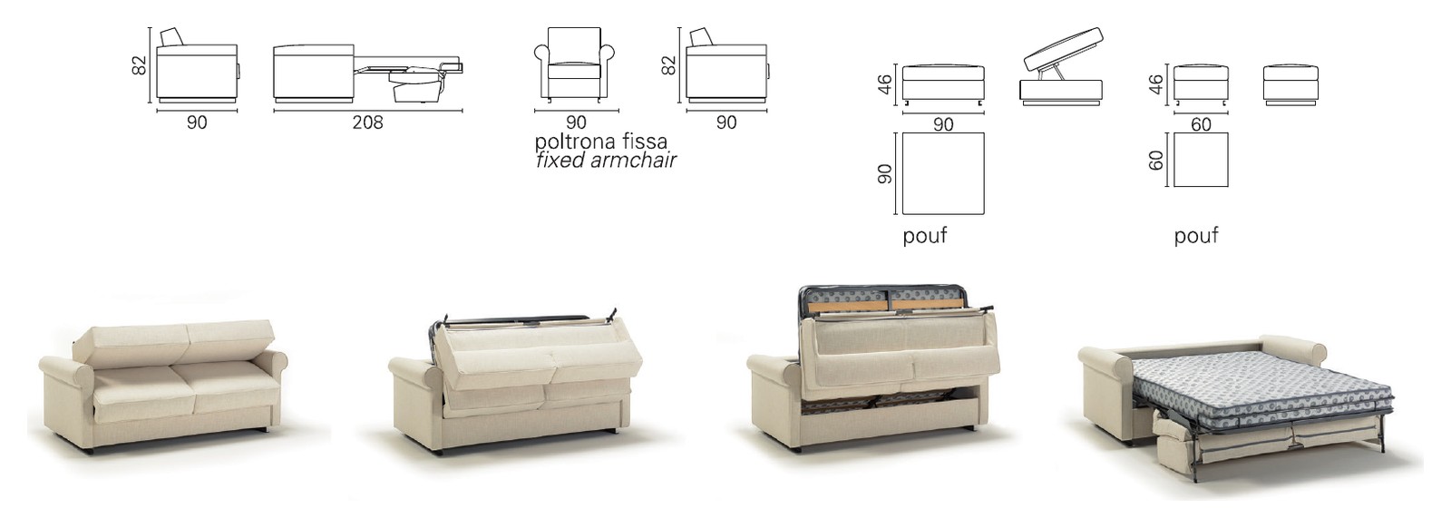 Plans cotés BK du BK 127 de profil fermé et ouvert, fauteuil fixe et poufs, et séquence d'ouverture