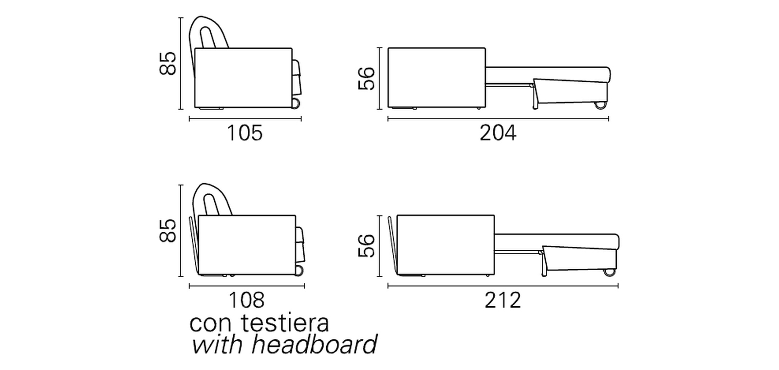 Plans cotés BK du BK 129 Modern de profil, fermé et ouvert, avec et sans tête de lit